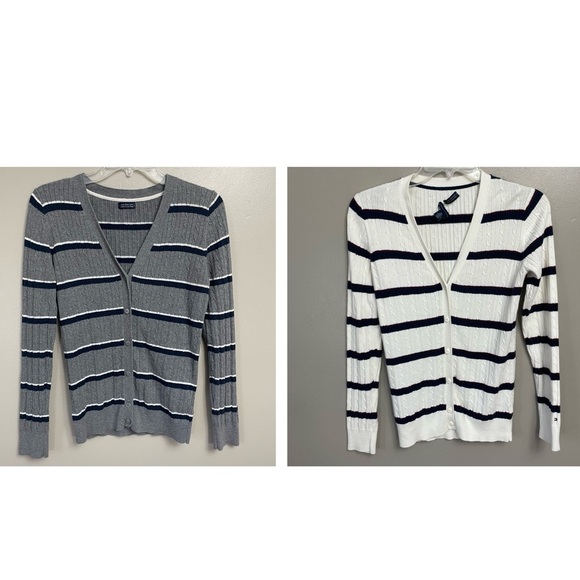 Lot of 2 Pima Cotton Striped Cardigan Tommy Hilfiger Cable Knit V-Neck Nautical - Picture 1 of 16